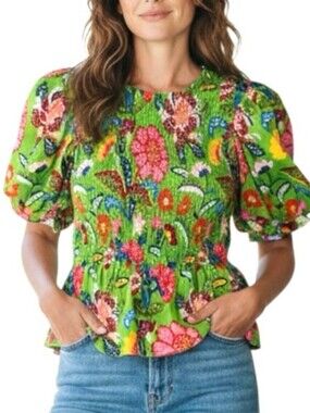 CROSBY By Mollie Burch Green Floral Smocked Puff-Sleeve Top